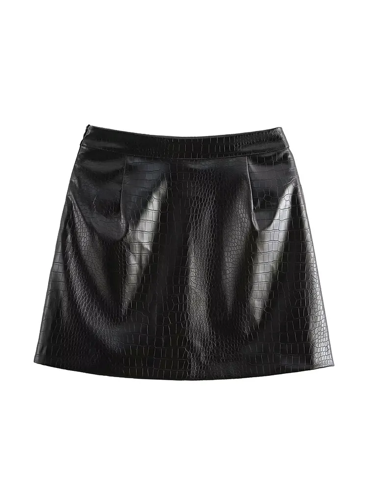 HH TRAF Women's Summer Fashion High Waist Pocket Zipper Decorated with Chic Embossed Leather Skirt Sexy Women's A-Line Skirt