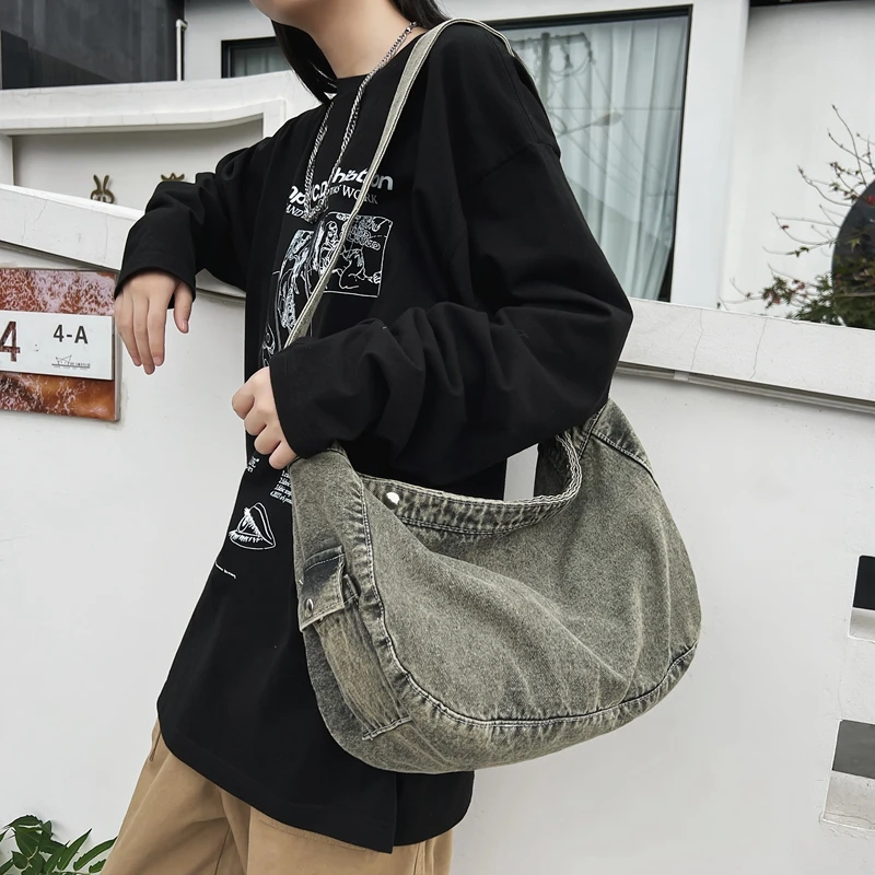 Solid Color Denim Shoulder Bags 100% Cotton Simple Packages Washed Canvas Crossbody Bags For Women Korea Casual Messenger Bags