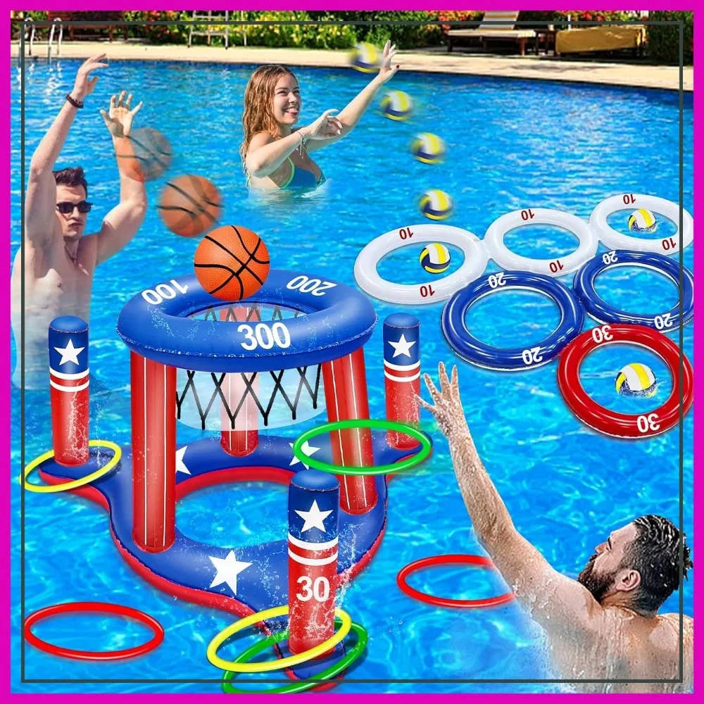 

2-in-1 Inflatable Pool Games: Floating Basketball Hoop & Ring Toss Set for Summer Fun