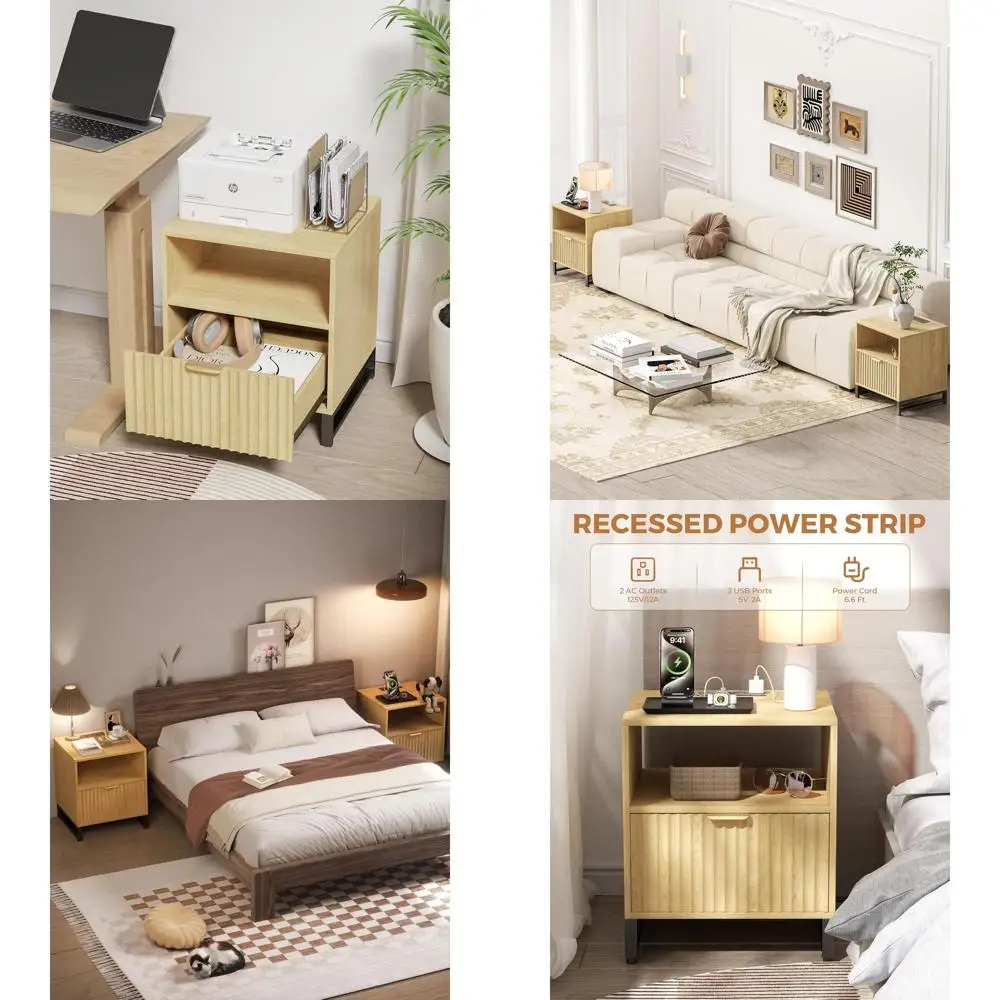 

Mid-Century Modern Nightstand with Charging Station, Large Drawer, and Open Storage