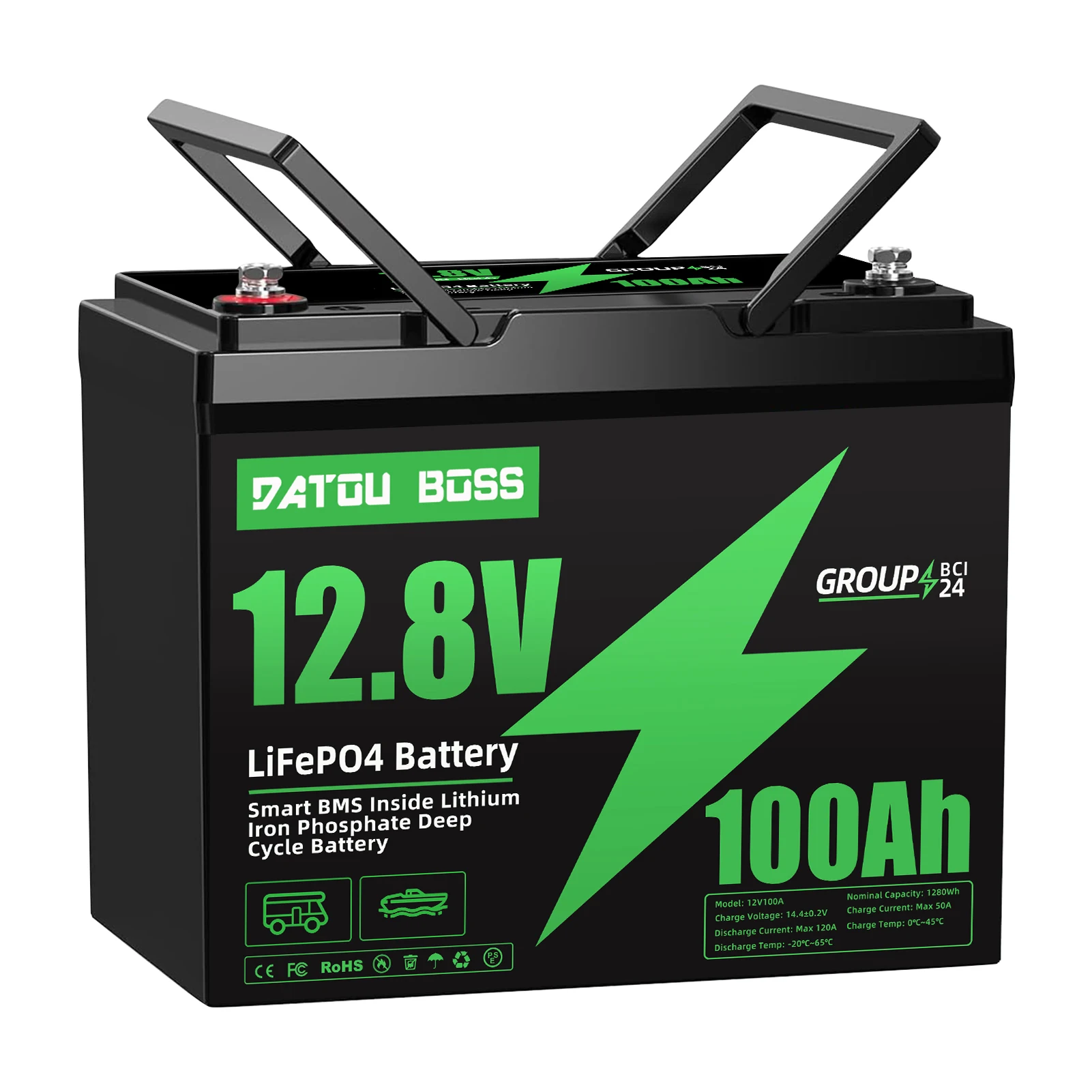 Datouboss 12V 100Ah LiFePO4 Deep Cycle-batterij Ingebouwde BMS, hoge prestaties voor zonne-energie, omvormer, HESS, 1280Wh