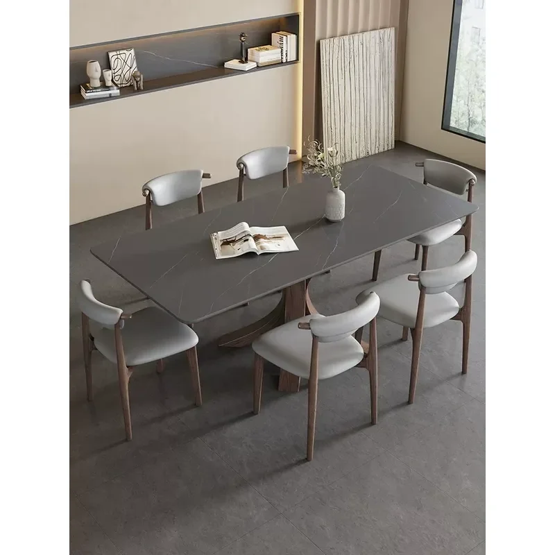 Nordic Solid Wood Dining Table Rectangular Household Walnut Color Modern Simple Light Luxury Matte Ash Wood Rock Slab