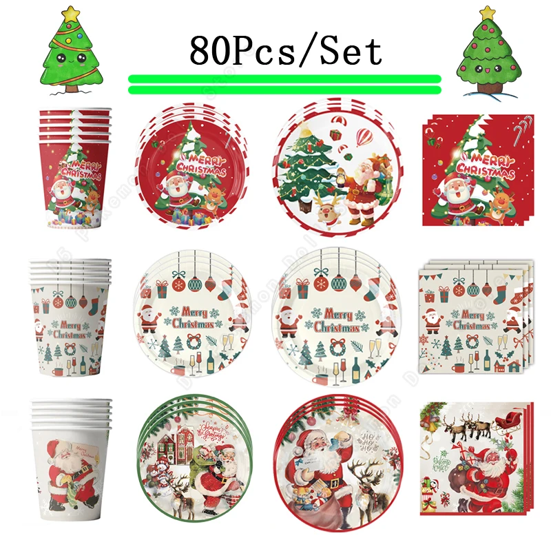 80Pcs/Set Christmas Tableware Kit Festive Party Supplies Plate Napkins Paper Cups Goodie Bag Christmas Party Decorations