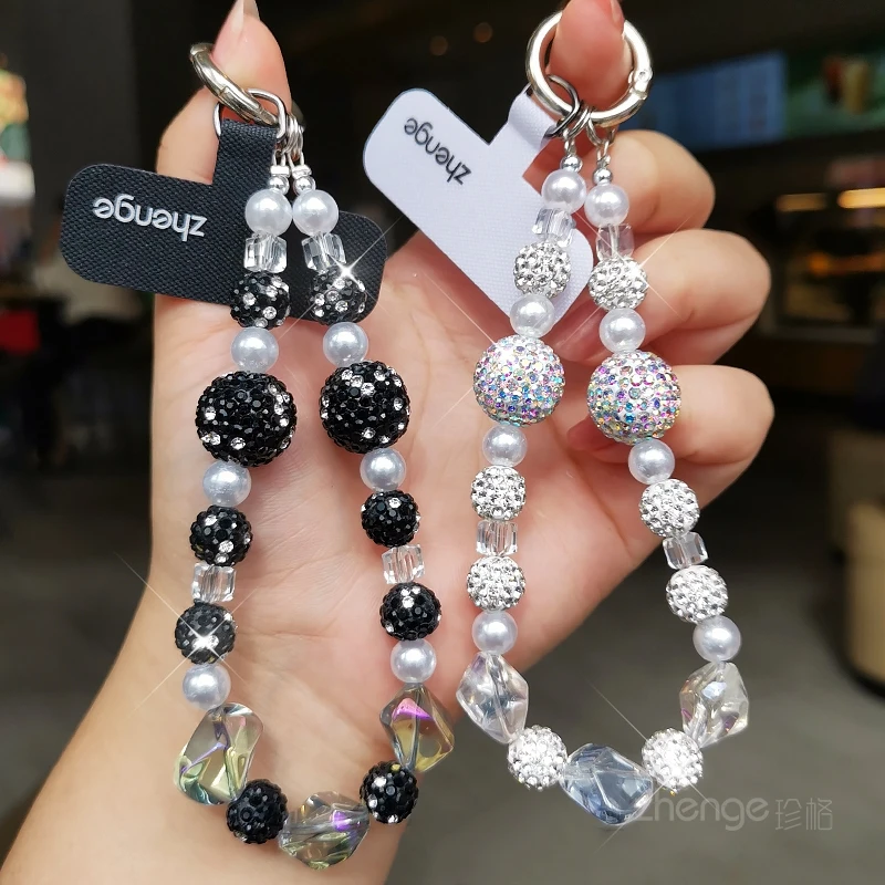 

Ремешок для мобильного телефона с жемчужными кристаллами, короткий браслет из сверкающих бриллиантовых бусин, женский подвесной аксессуар на запястье с защитой от потери