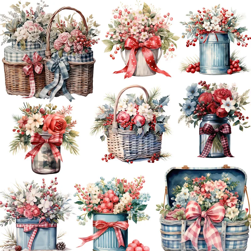 12Pcs/Pack Flower Basket Sticker DIY Craft Scrapbooking Album Junk Journal Decorative Stickers