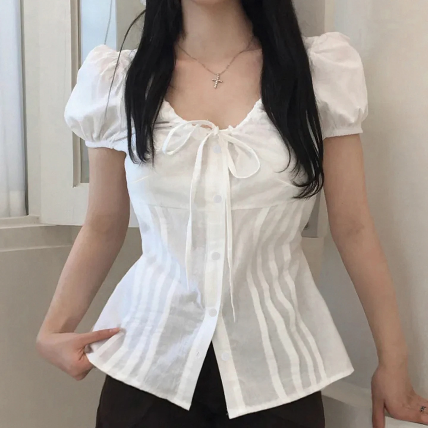 SUCHCUTE Summer O-Neck Drawstring Shirt for Women Casual Bubble-Sleeve Top Sweet Cute Tees Coquette Korean Outfits Harajuku Y2k