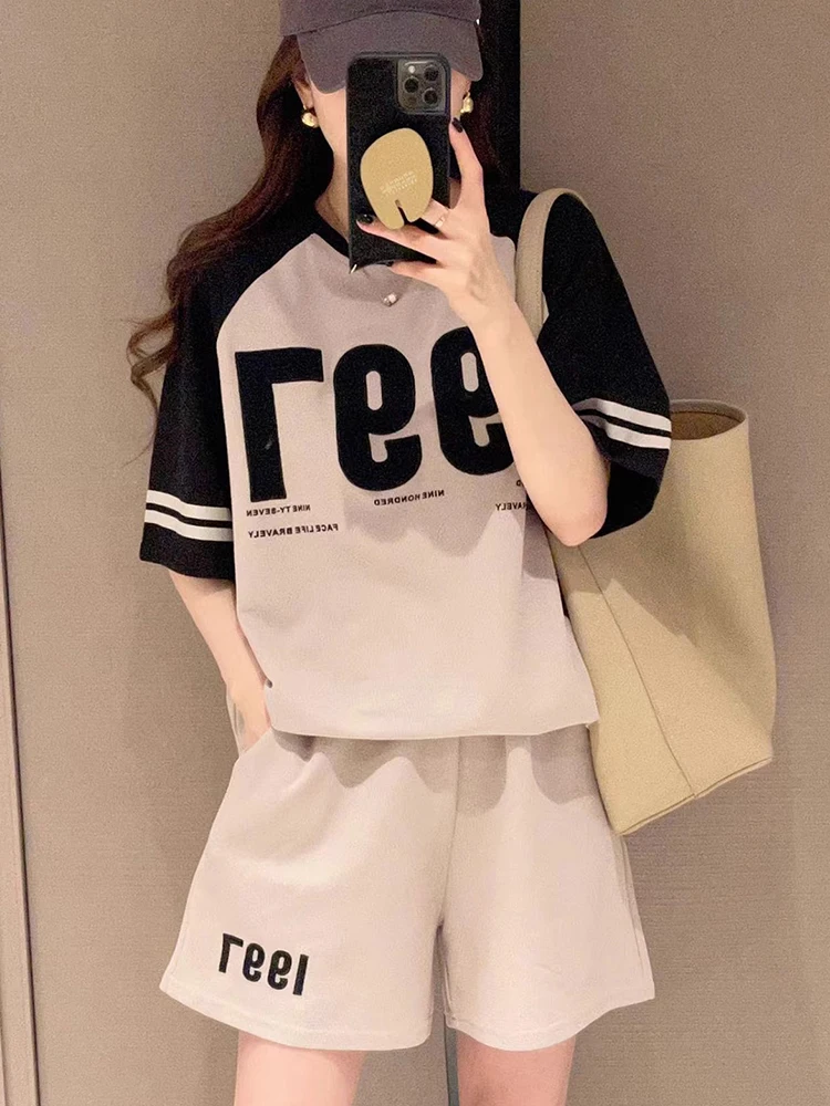 2024 Summer outfit T-Shirt Suit Womens Fashion Casual Loose O-Neck Short-Sleeved Tops+Wide Leg Shorts Two Piece Set For Women