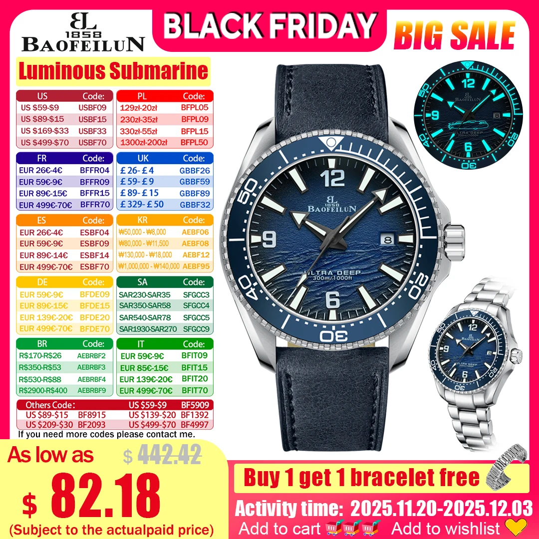 

BAOFEILUN Dive Watch Wave Dial Automatic Watch Men 300M Waterproof Ceramic Bezel Date Mineral Crystal Luminous Submarine Diving