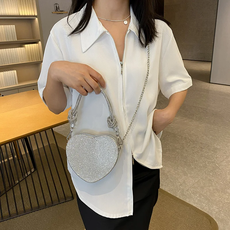 Knoten Griff Strass Abend Clutch Tasche Luxus Designer Kristall Diamanten Handtasche Geldbörse niedlichen Liebe Herz Umhängetasche Mini – Detail 19
