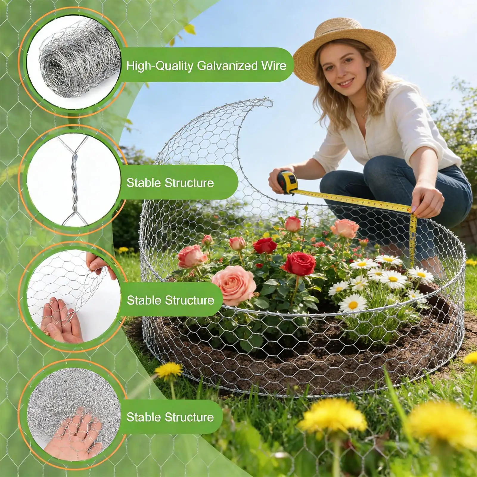 Poultry Netting Hexagonal Galvanized Netting Floral Chicken Wire Fence For Craft For Pet Animal Tree Duck Coop Garden Compost