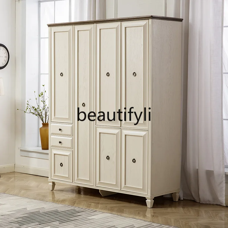 

American Style Wardrobe Pure Solid Wood Four-Door Large Wardrobe Light Luxury Solid Wood Swing Door Bedroom Storage Cabinet