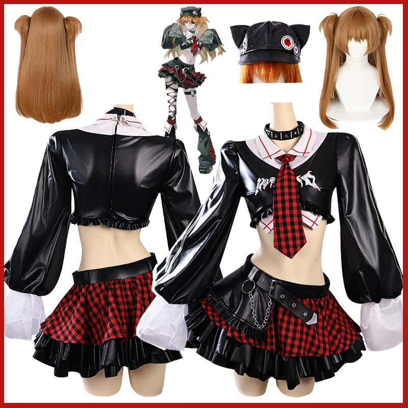 

Game Asuka Langley Soryu Rock Band Outfit EVA Shikinami Asuka Cosplay Costume Leather Top Skirt Tie Hat Mask Wig Sexy Loli Props