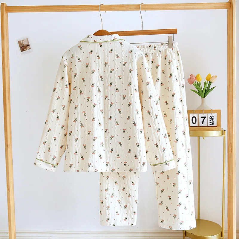Winter Thick 100% Cotton Pajamas For Women Cherry Tulip Printed Sleepwear 2 Piece Set Female Warm Homewear Plus Size Loungewear