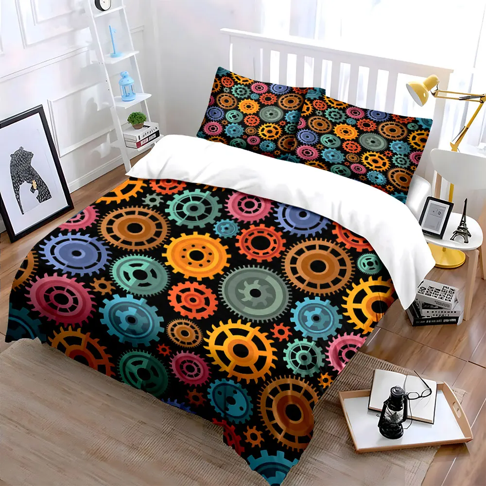 Colorful Gear Pattern Decor Set Bedding Set with 1 Duvet Cover 2 Pillowcases Single Double King Queen, Gift