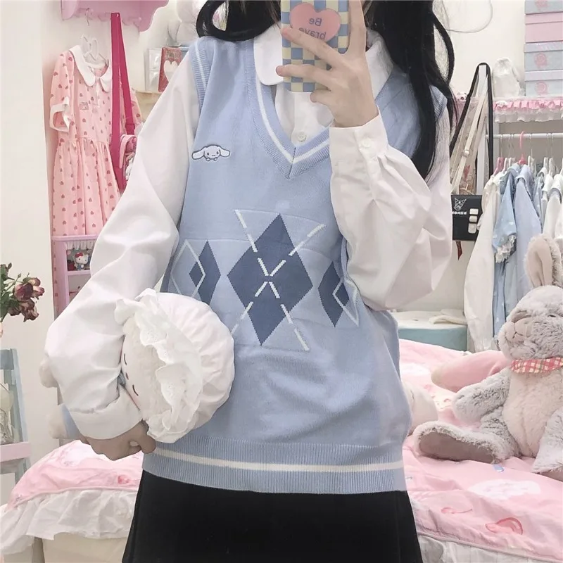 

Cinnamoroll повседневный свитер с вышивкой, жилет для девочек, студенческий стиль Ins, вязаный студенческий универсальный модный мягкий свободный свитер на весну и осень