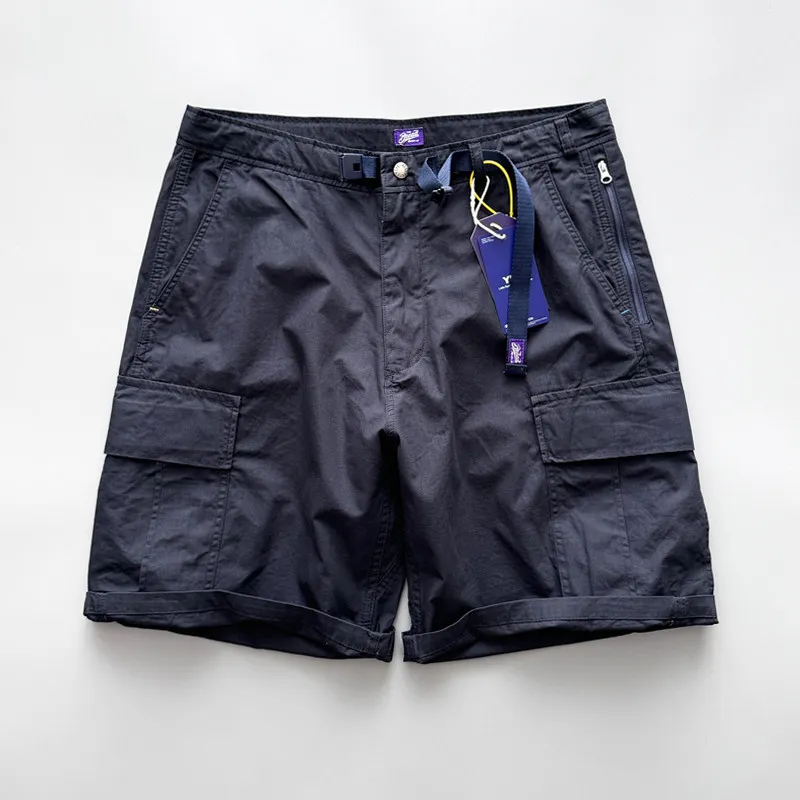 Men's Japanese Trendy Cargo Shorts Lightweight 200gsm 100% Cotton Summer Shadow Plaid Loose Straight Multi-Pocket Knee-Length