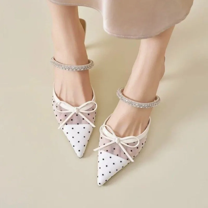 

French Baotou Semi-drag Women's 2026 Summer New Mesh Breathable Rhinestone Stiletto Heels