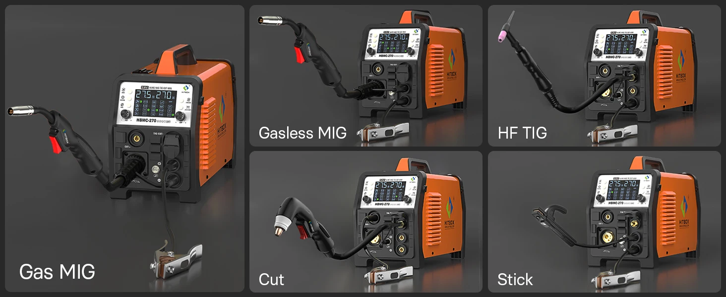HITBOX HBMC270 MIG-Schweißgerät 220V 6-in-1 Multiprozess-Schweißgerät Aluminium MIG Gas Gaslos MMA HF TIG Punktschweißen Plasmaschneider 2T 4T Funktion Tragbares Inverter-Schweißgerät – Detail 12