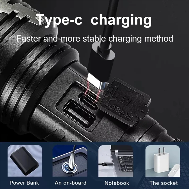 Latarka LED XHP360 2025 Najmocniejsza Ładowalna USB Lampa 26650 Ultra Jasna Taktyczna, Latarnia