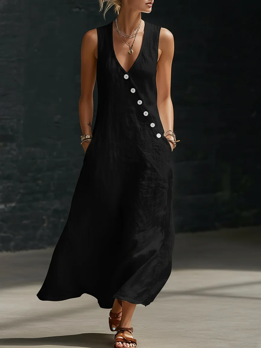 2026 Sommer Damen Baumwoll-Leinen A-Linien-Maxikleid mit V-Ausschnitt, ärmellos, asymmetrisch, Knopfleiste, Westenkleid, locker geschnitten, lässig, für den Urlaub am Strand – Detail 7