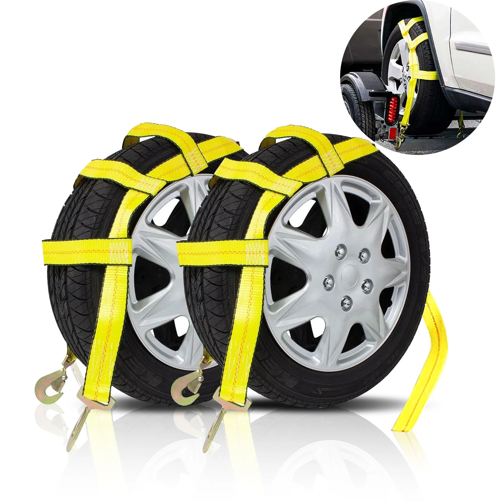 2pcs Tow Dolly Basket Strap with Heavy Duty Twisted Snap Hooks Wheels Strap for 15 To 20inch Rim Wheel