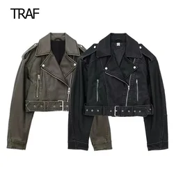 TRAF Jackets For Women 2023 Autumn Bomber Faux Leather Jacket Demi-Season Long Sleeve Outerwear Women's Moto Biker Zipper Jacket