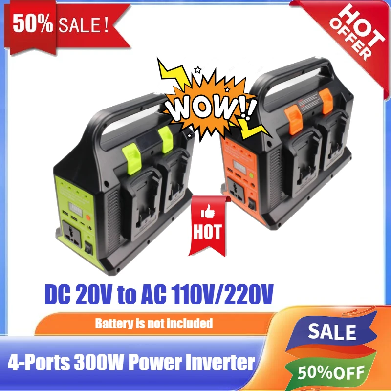 4-Ports 300W Power Inverter for Dewalt 20v Battery DC 20V to AC 120V/220-230V Pure Sine Wave Inverter USB-A/C US/EU