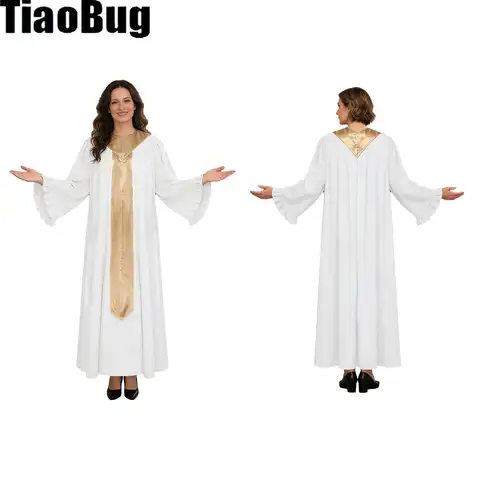 Vestido Longo Feminino para Coro e Sacerdotes, com Manga Longa Evasê, Acabamento Franzido, Blocos de Cores e Faixa, para Atividades Religiosas
