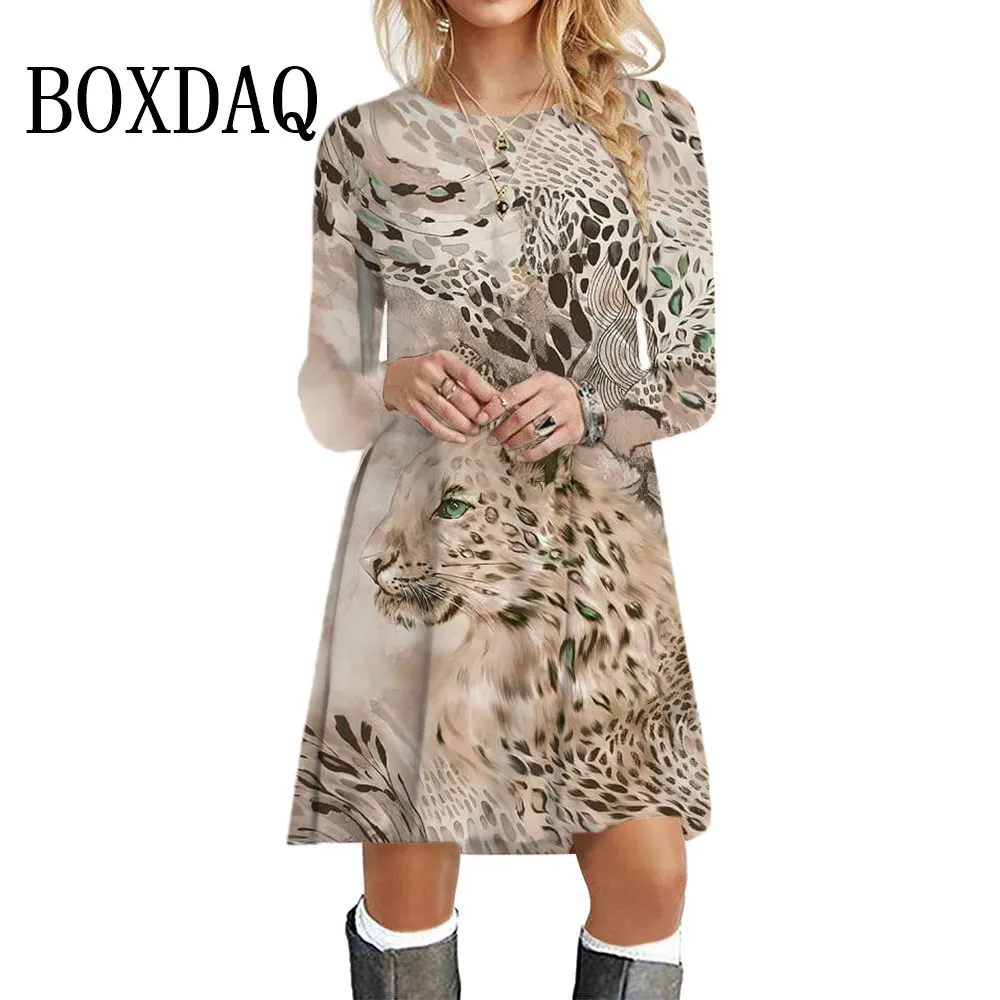 

Модные новые женские леопардовые платья с 3D принтом, осень 2024, зимнее женское модное свободное мини-платье трапециевидной формы с длинными рукавами по индивидуальному заказу