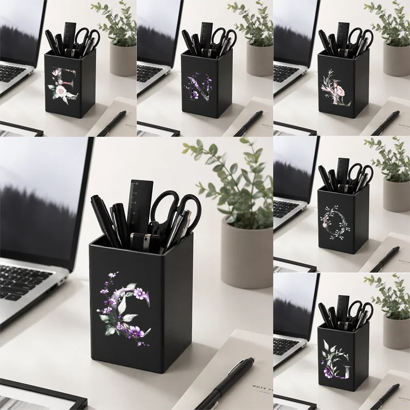 26 Watercolor Floral Letter Print Pen Holder, Plastic Desktop Stationery Organizer for Office School, Black Alphabet Pencil Cup
