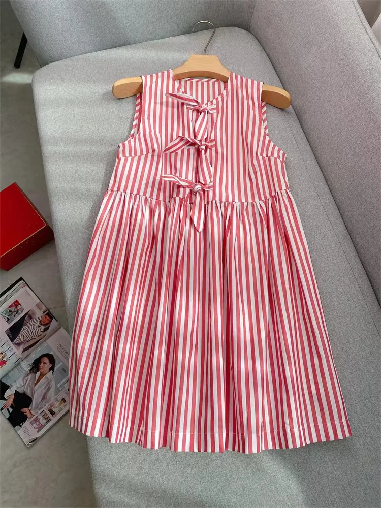 2024 Summer New Fashion Cotton Contrasting Color Vertical Stripes Dress Women Casual Sleeveless Lace-up Mini Robe Ladies