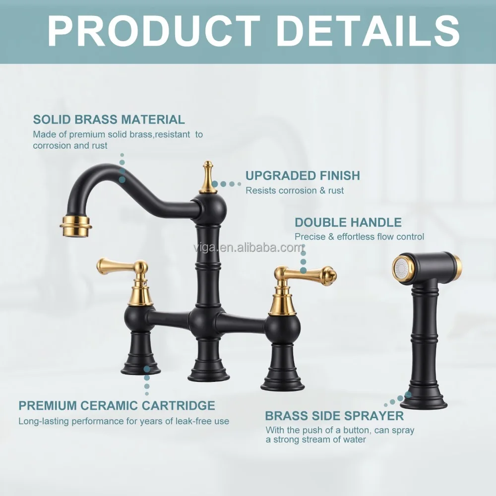 Кухонный смеситель с двумя ручками для фермерского дома, кухонный смеситель с центральной установкой, черный и золотой, латунный мостовой кухонный смеситель с боковым распылителем