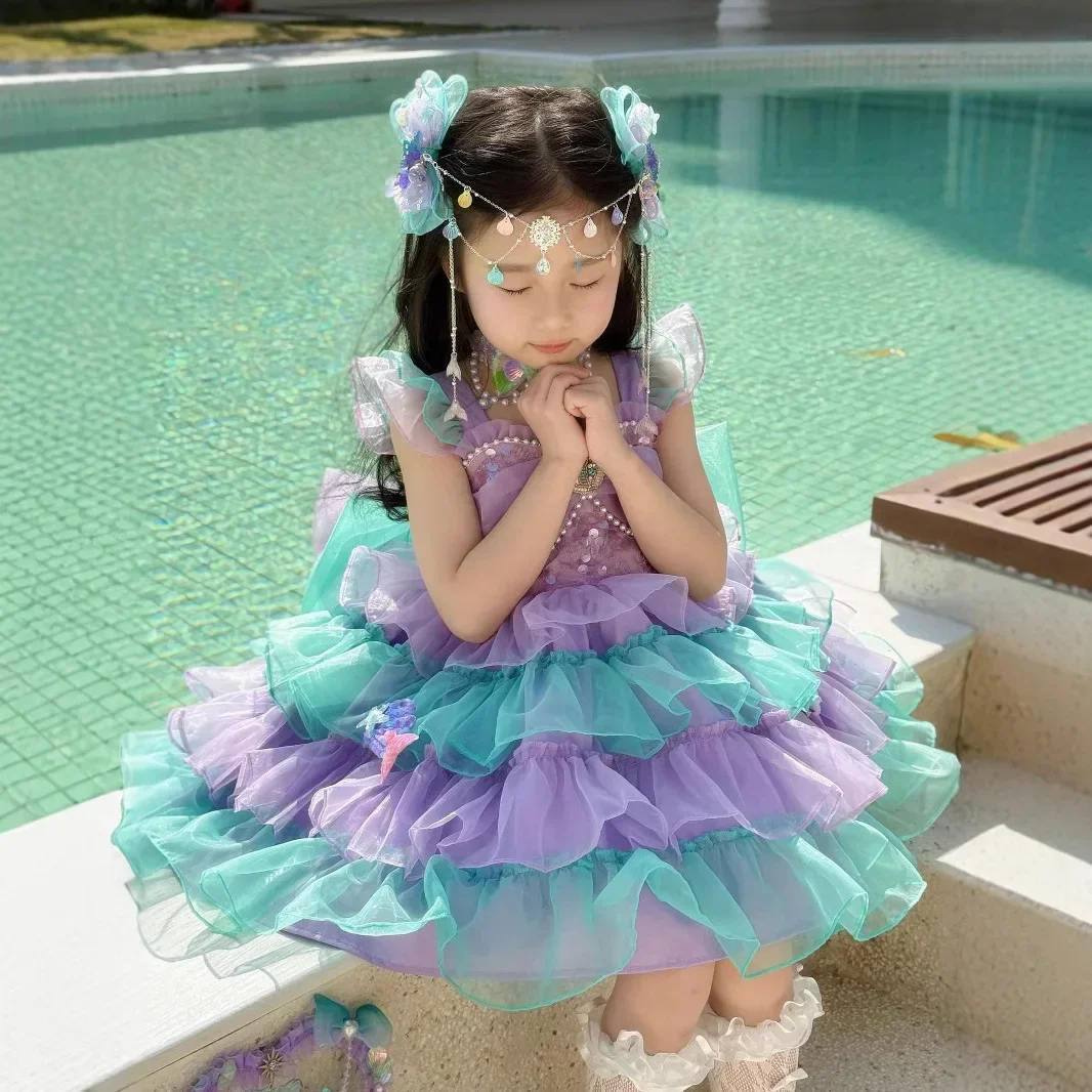 

Lolita Princess Dress 2025 SummerElegant Fluffy Tulle Dresses for Chilidren Girl Tiered Cake Birthday Party Formal Clothes Gown