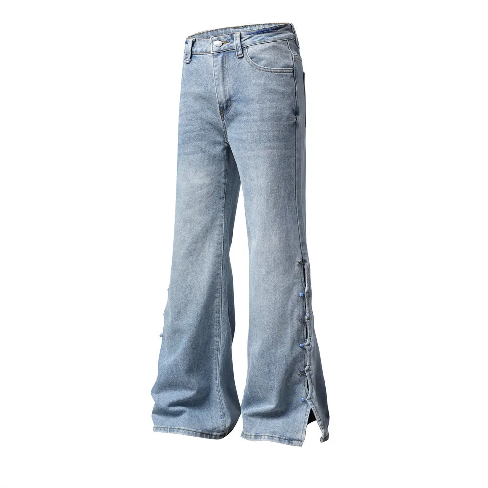 MWJLPWQ Washed Distressed Flared Jeans For Men Unique Hippie Style Trendy Niche Design Side Slit Autumn Casual Trousers 20891