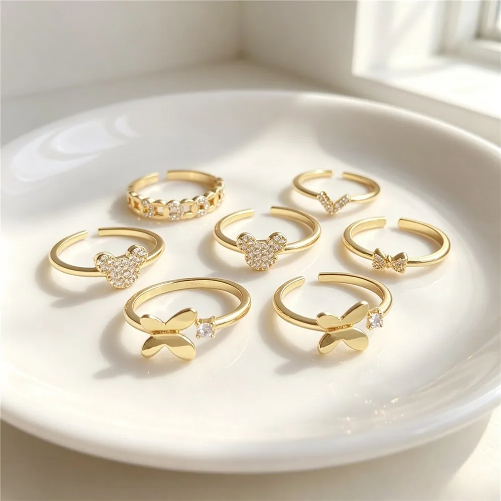 B692 14K Gold Plated Zircon Paved Bow & Leaf Fashion Luxury Red Statement Ring Jewelry Findings