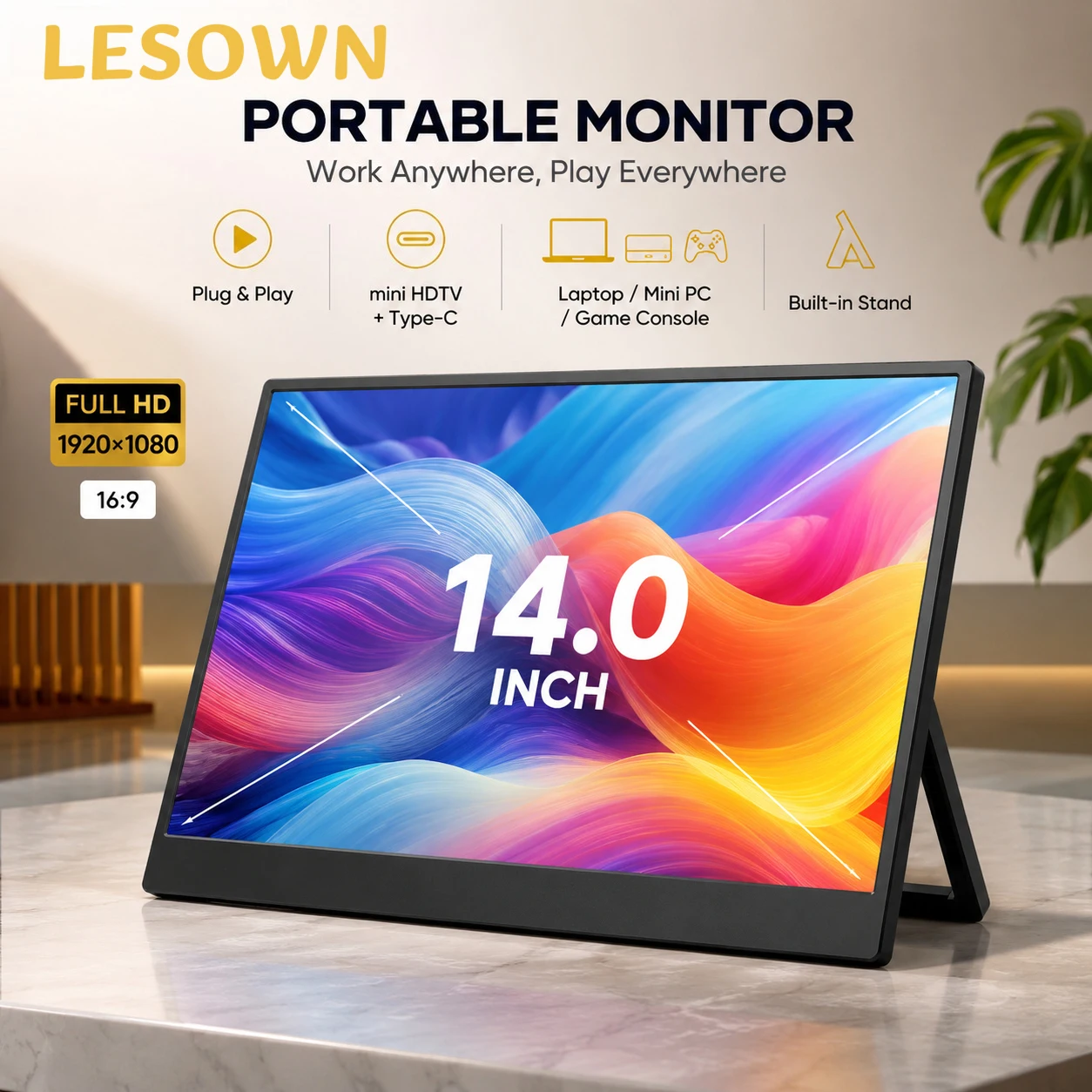 LESOWN 14 16 Inch Capacitive LCD Touchscreen 60Hz Mini HDTV Type-C VESA 75 for Dual Monitor Office Workstation Desk Display