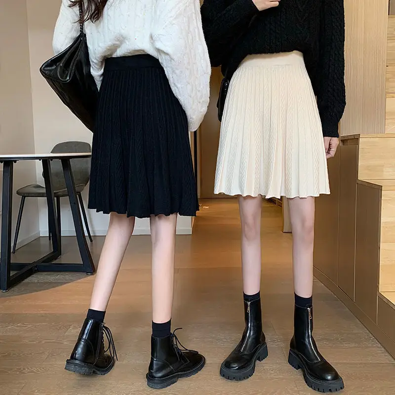 Biyaby Knitted A-Line Skirt Women College Style High Waist Black Pleated Skirts Woman 2023 Fashion All-Match Apricot Short Skirt