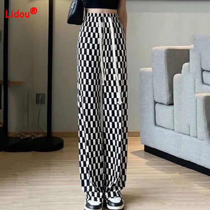 Pantalon en damier pour femme, noir et blanc, en soie glacée, cordon de serrage fin, poches, jambes larges, tendance, printemps été