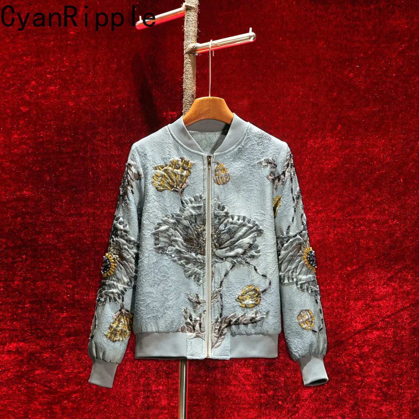 High Quality New Spring Autumn Stand Collar Zip Cardigans Coat Women Fashionable Diamonds Beads Full Sleeve Baseball Jacket