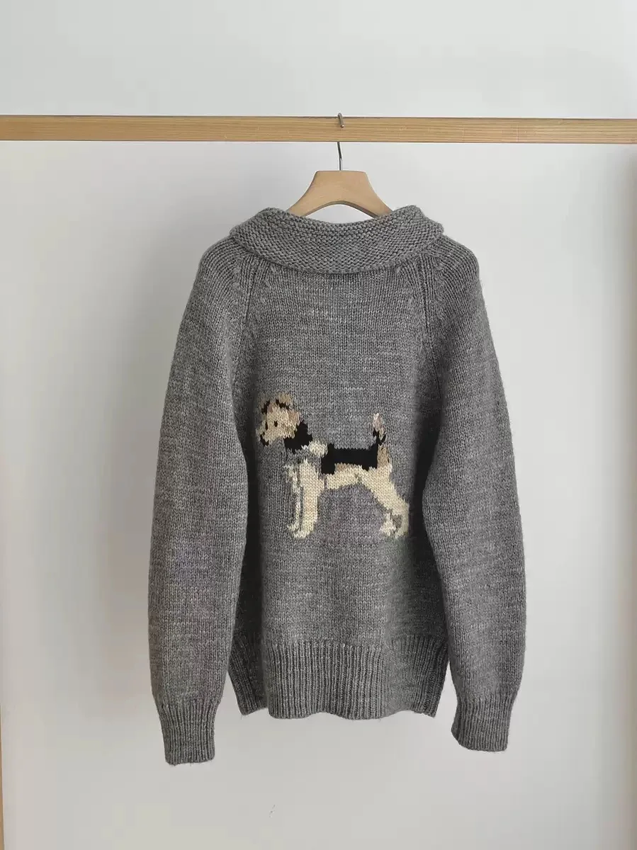 Cute Dog Pattern Loose Casual Knitted Cardigan PREON Autumn Winter New Sle Wool Blend Long Sve round Ne Zipper Sweater