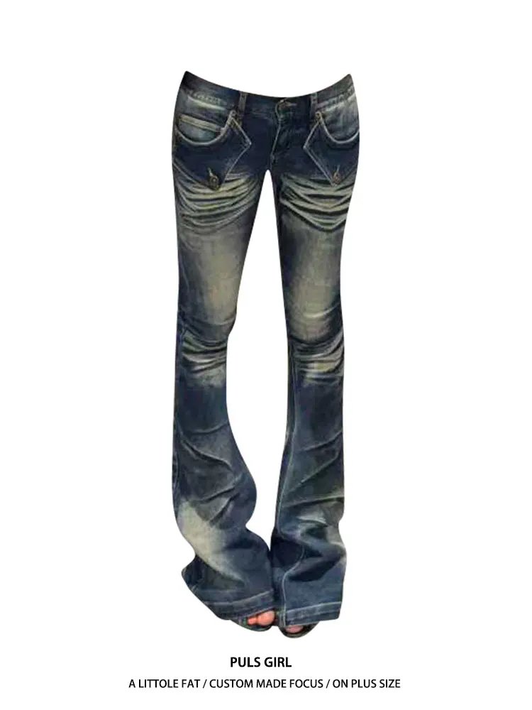 

Low Waist Bell Bottom Embroidered Distressed Denim Jeans Women's plus Size American Retro Washed Casual Long Trousers