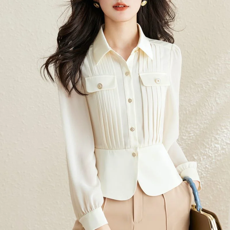 Autumn 2023 New Women Short Long-sleeved Chiffon Blouse Shirt Western-style Blouse Female  Slim Pure Colour Bottoming Shirt