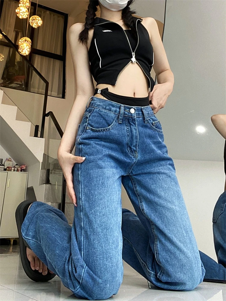 

Women's Splicing Design Vintage Denim Jeans Cool Girl Casual Bottoms Female Trousers High Waist Wide Leg Blue Denim Pants