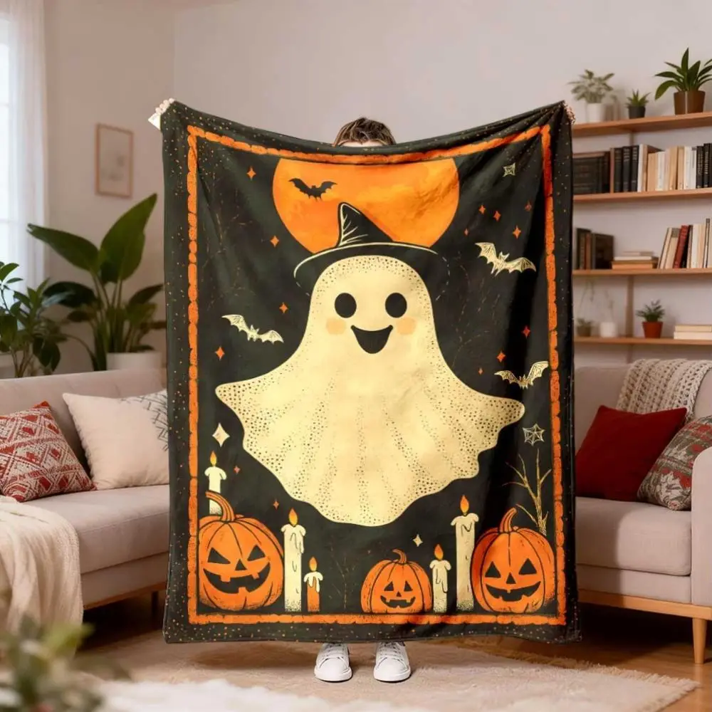 Cozy Flannel Throw Blanket Suitable for Seasons - Soft Warm Bedspread with Black Hat & Pumpkin Lantern Design, Contemporary Bedspread for Couch, Office,, Dorm - Multi-Color Textile Bedding for Modern Decor