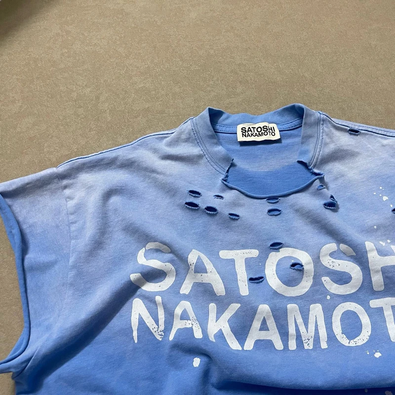 American Style Unique Collar Design T-shirt Tops Washed Water Gradient Splashed Ink Print Satoshi Nakamoto Vest Tee