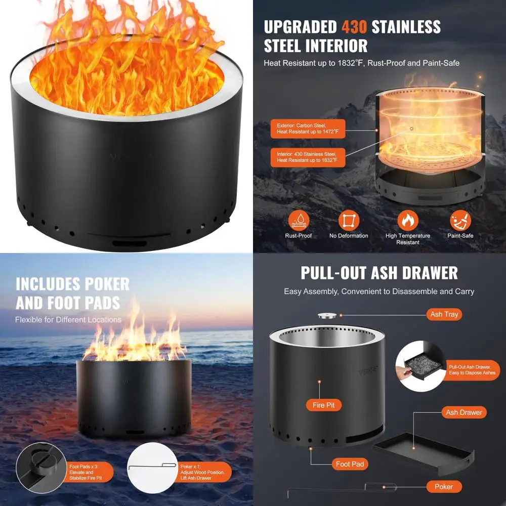 

28-дюймовая бездымная древесная костра VEVOR со съемным пеплом и внутренней частью из нержавеющей стали