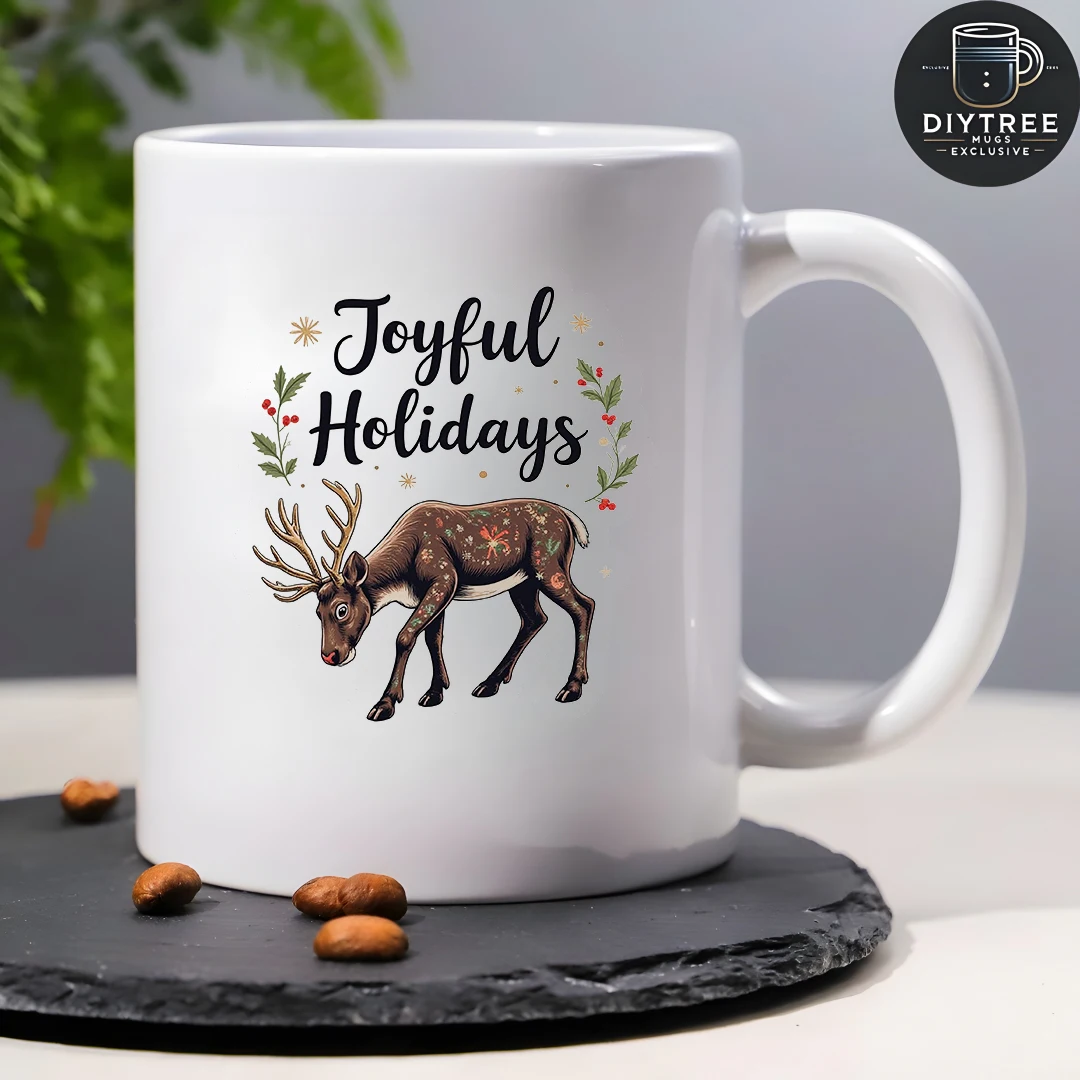 Taza de 11oz, pegatinas de felicitación festivas, diseño de reno pintado a mano, detalles de estrellas, regalo de Navidad, taza para niños, oficina familiar, café Comp