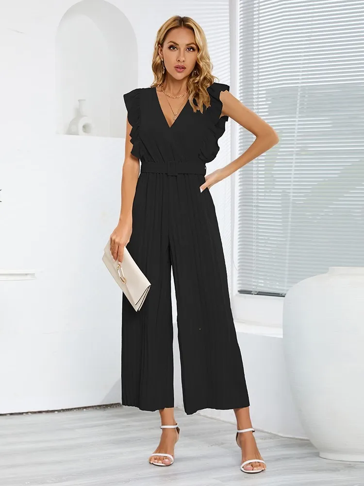 Women\'s Jumpsuit Long Pants Flying Sleeve V-neck High Waist Belt Cropped Fold Pants Solid Color Temperament Fashion Women\'s Wear