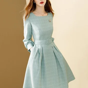 Zadily 2022 봄 프랑스 스타일 긴 소매 a 라인 드레스 여성 우아한 새시 솔리드 O 넥 미니 드레스 파티 Vestidos 