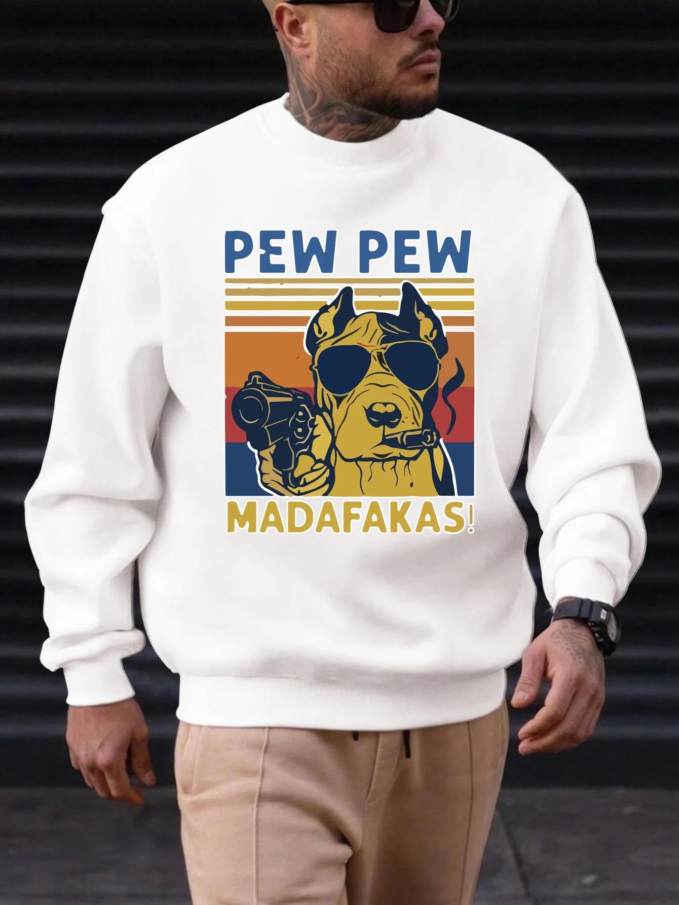 

Men's Cotton Crewneck Sweatshirt Retro Dog Print PEW PEW MADAFAKAS 2025 Trending Casual Streetwear Top for Party Daily